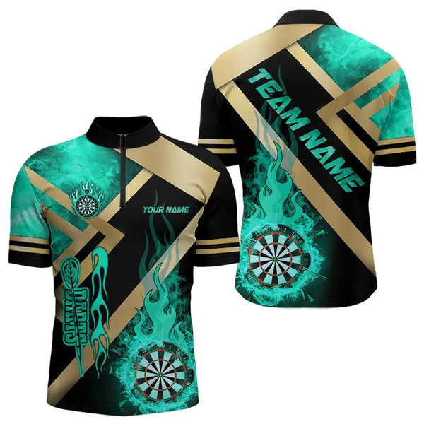 Maxcorners Personalized Gold And Turquoise Dartboard Fire Flame Custom Dart Shirts For Men, Darts Team Jerseys
