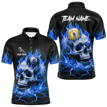 Maxcorners Blue Flaming Skull Billiard 8 Ball & 9 Ball Pool Shirts For Men Custom Billiard Team Jersey LM0706
