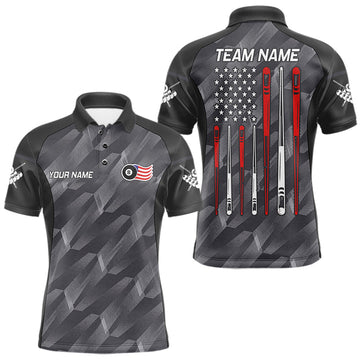Maxcorners Personalized Metal Grey US Flag 8 Ball Billiard Shirt For Men Patriotic Pool Jersey Polo & 1/4 Zip LM0706