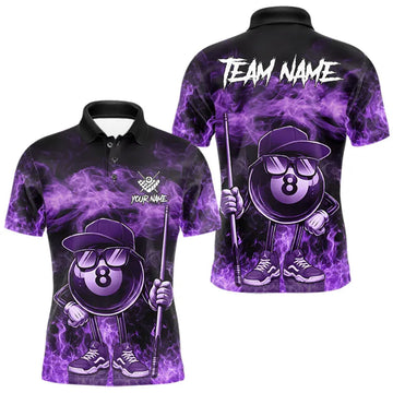 Maxcorners Purple Funny 8 Ball Pool Flame Smoke Billiard Shirt For Men Custom Billiard Team Jersey Uniform