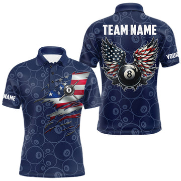 Maxcorners Navy Blue Grunge 8 Ball Wings American Flag Billiard Shirts For Men Custom Patriotic Pool Jersey
