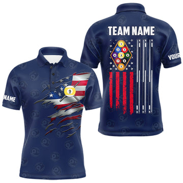 Maxcorners Navy Blue Grunge American Flag Billiard Shirts For Men Custom Patriotic 9 Ball Pool Team Jersey