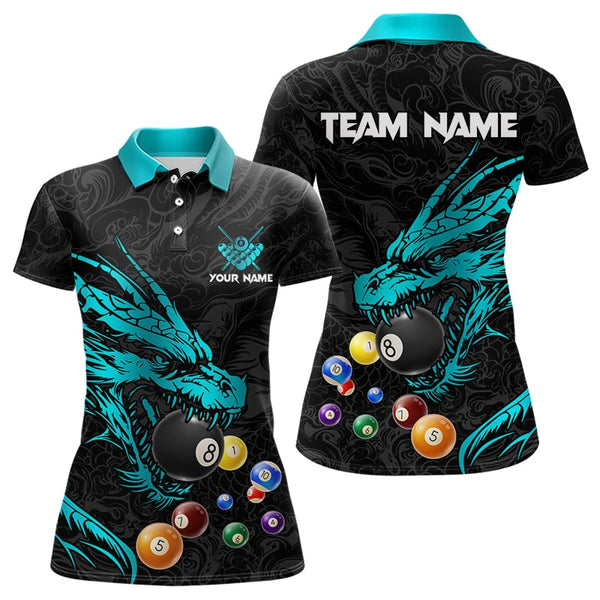 Maxcorners Personalized Blue Cyan Black Dragon Billiard Balls Pool Shirt For Men, Billiard League Team Jersey