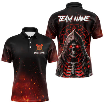 Maxcorners Red And Black Glowing Fire Death Skeleton Dart Shirts For Men Custom Dart Jerseys Polo & 1/4 Zip