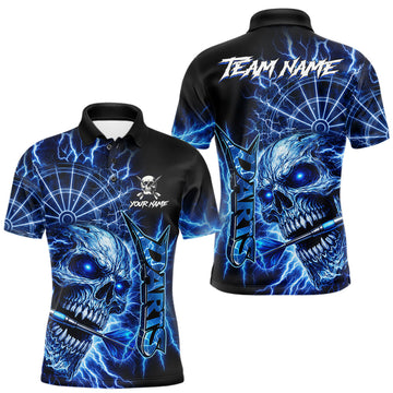 Maxcorners Blue Darts Skull Polo & Quarter Zip Shirt For Men Custom Thunder Lighting Darts Team Jersey
