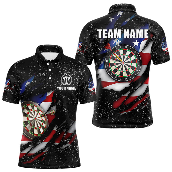 Maxcorners American Flag Black Grunge Dart Polo & Quarter Zip Shirts Custom Patriotic Dart Shirts For Men