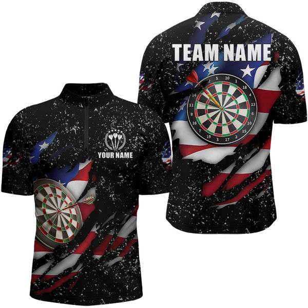 Maxcorners American Flag Black Grunge Dart Polo & Quarter Zip Shirts Custom Patriotic Dart Shirts For Men