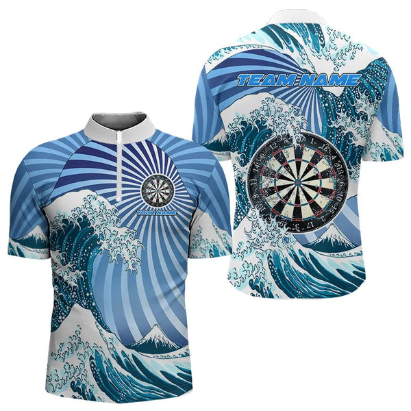 Maxcorners Personalized Blue Darts Waves Sea Darts Polo & Quarter Zip Custom Men Dart Shirts Funny Dart Jersey