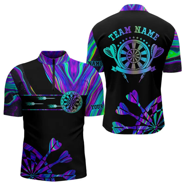 Maxcorners Neon Purple Blue Darts Tie Dye Polo & Quarter Zip Custom Dart Shirts For Men And Women Glowing Dart Jerseys