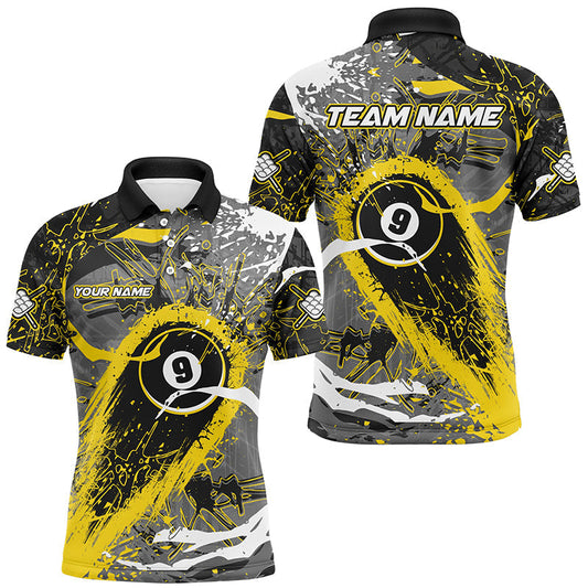 Maxcorners Billiard Yellow Grunge Stains 9 Ball Pool Customized Name, Team Anme 3D Polo Shirt
