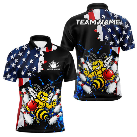 Maxcorners Funny Bee Bowling Shirts For Men Custom US Flag Patriotic Team Bowling Jerseys Uniforms
