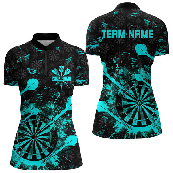 Maxcorners Black And Turquoise Grunge Darts Polo, Quarter Zip For Women Custom Dart Shirts For Team Dart Jerseys