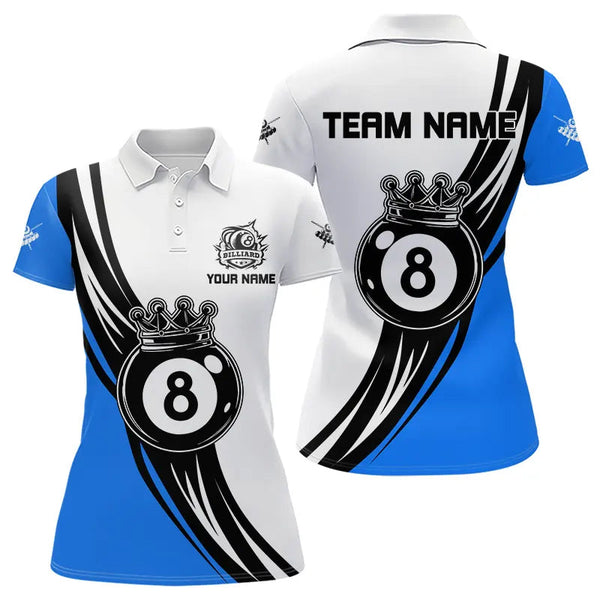 Maxcorners Personalized Black White 8 Ball Pool Crown Men Billiard Shirts, Billiard 8 Ball Team Jerseys |Blue