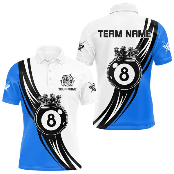 Maxcorners Personalized Black White 8 Ball Pool Crown Men Billiard Shirts, Billiard 8 Ball Team Jerseys |Blue