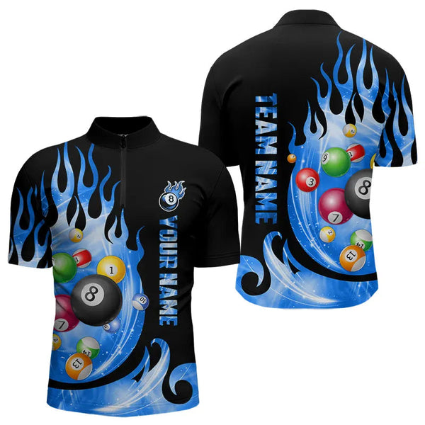 Maxcorners Custom Black Blue Fire Flame Light Pool Balls Billiard Shirts Team League Billiard Jerseys