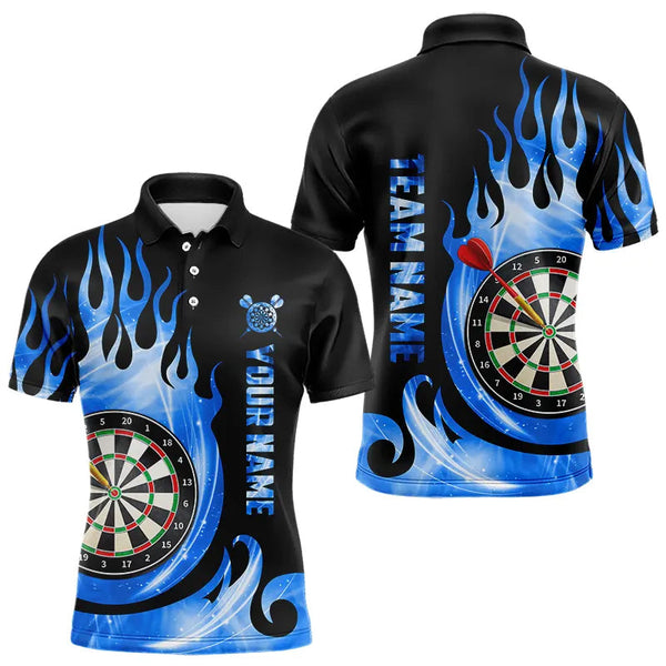 Maxcorners Black Blue Fire Flame Light Darts Polo & Quarter Zip Custom Dart Shirts For Men League Dart Jerseys