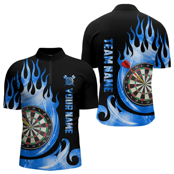 Maxcorners Black Blue Fire Flame Light Darts Polo & Quarter Zip Custom Dart Shirts For Men League Dart Jerseys