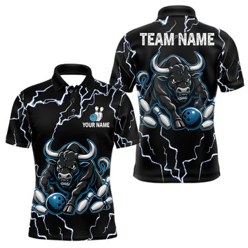 Maxcorners Funny Bull Lightning Bowling Shirts For Men Custom Bowling League Jersey Polo, Quarter Zip | Blue