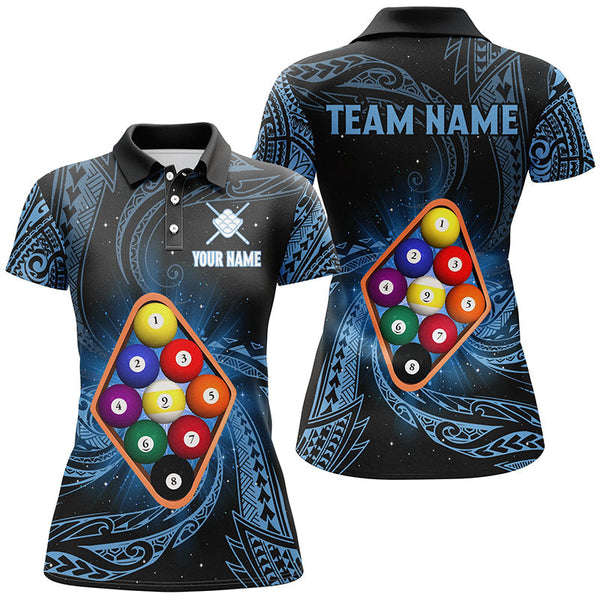 Maxcorners Billiard Blue Tribal Pattern 9 Ball Customized Name, Team Anme 3D Polo Shirt