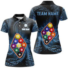 Maxcorners Billiard Blue Tribal Pattern 9 Ball Customized Name, Team Anme 3D Polo Shirt
