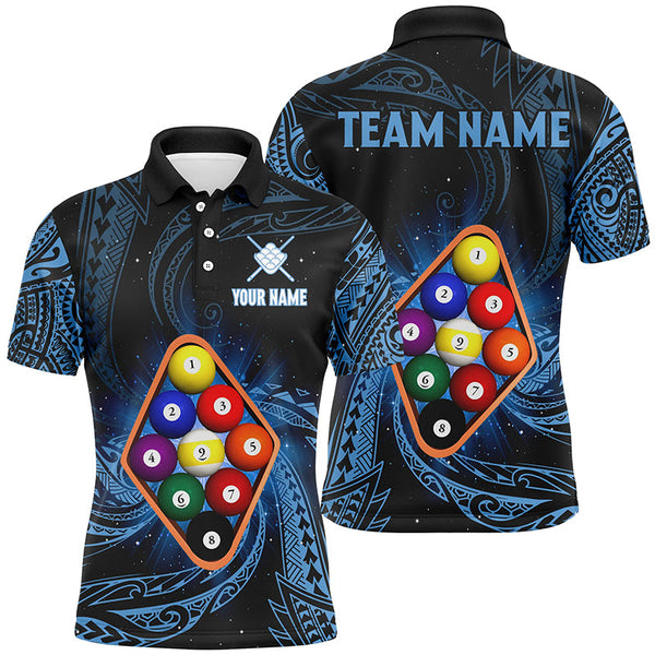 Maxcorners Billiard Blue Tribal Pattern 9 Ball Customized Name, Team Anme 3D Polo Shirt