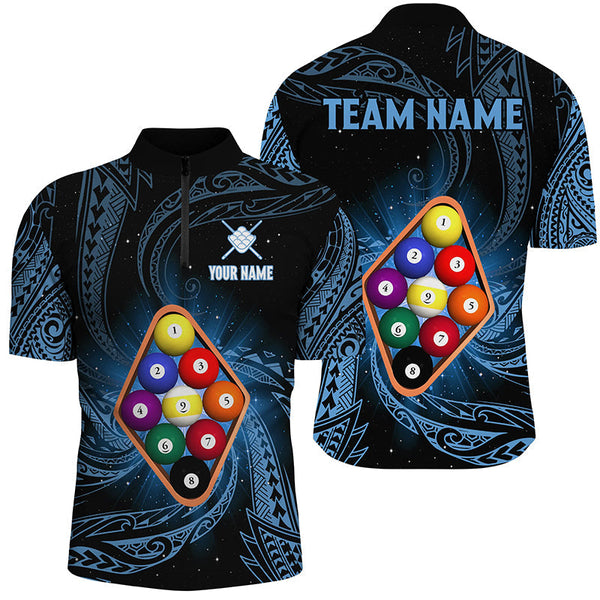 Maxcorners Billiard Blue Tribal Pattern 9 Ball Customized Name, Team Anme 3D Polo Shirt