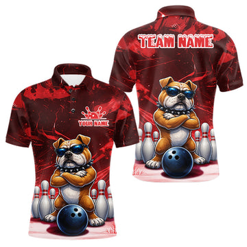 Maxcorners Personalized Red Funny Bulldog Bowling Shirt For Men Custom Bowling Team Jersey Polo & 1/4 Zip