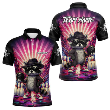 Maxcorners Pink Funny Raccoon Bowling Jersey For Men Custom Graffiti Bowling Shirt Team Polo & 1/4 Zip