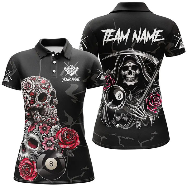 Maxcorners Red Funny Skull Roses 8 Ball Billiard Jersey Customized Name, Team Name 3D Shirt