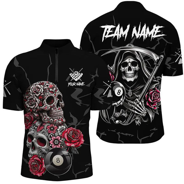 Maxcorners Red Funny Skull Roses 8 Ball Billiard Jersey Customized Name, Team Name 3D Shirt