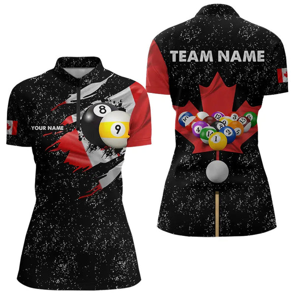 Maxcorners Custom Black Grunge Canada Flag 8 Ball & 9 Ball Billiard Shirts For Men And Women Patriotic Billiard Jerseys