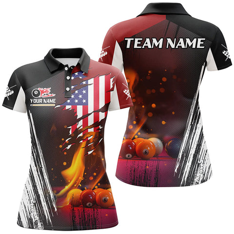 Maxcorners Patriotic US Flag Billiard Balls Fire Flame Custom Billiard Women Polo Shirt