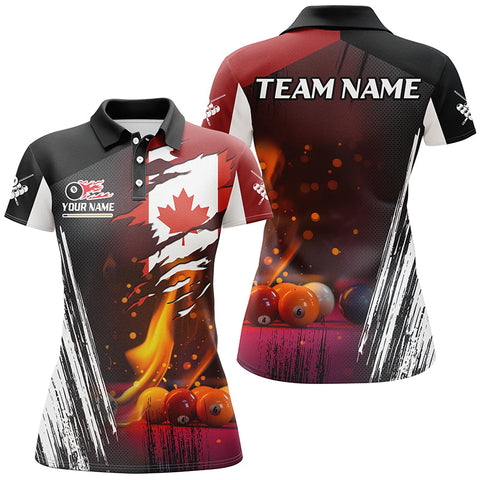 Maxcorners Patriotic Canada Flag Billiard Balls Fire Flame Custom Billiard Women Polo Shirt