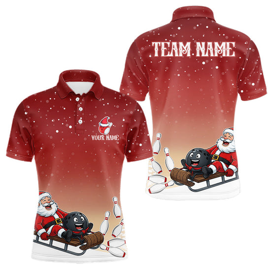 Maxcorners Red Funny Santa Christmas Bowling Polo, Quarter Zip Shirts For Men Custom Xmas Bowling Team Jersey