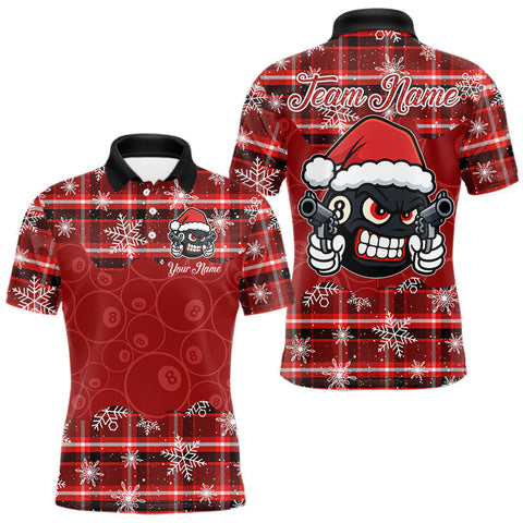 Maxcorners Funny Santa 8 Ball Pool Men's Billiard Shirt Custom Red Plaid Snowflake Christmas Billiard Jersey TU1011