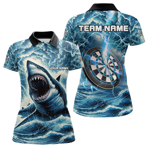Maxcorners Personalized Shark Blue Lightning Darts Polo Shirt Custom Dart Shirts For Men And Women Dart Jerseys