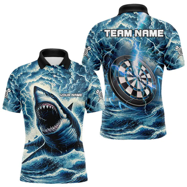 Maxcorners Personalized Shark Blue Lightning Darts Polo Shirt Custom Dart Shirts For Men And Women Dart Jerseys