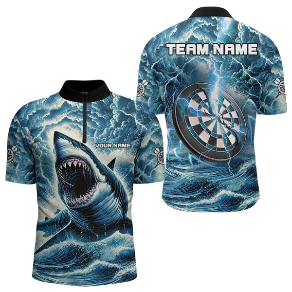 Maxcorners Personalized Shark Blue Lightning Darts Polo Shirt Custom Dart Shirts For Men And Women Dart Jerseys