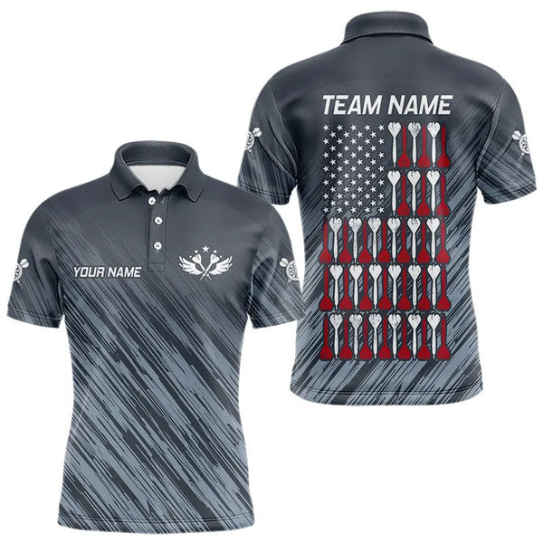Maxcorners American Flag Grey Grunge Darts Polo & Quarter Zip Custom Dart Shirts For Men Patriotic Dart Jersey