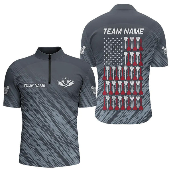 Maxcorners American Flag Grey Grunge Darts Polo & Quarter Zip Custom Dart Shirts For Men Patriotic Dart Jersey