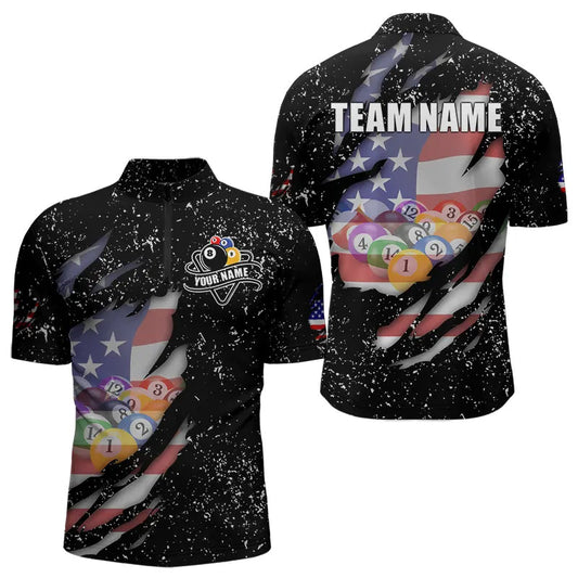 Maxcorners Personalized Grunge Black American Flag Billiard Shirts For Men Custom 8 Ball Pool Billiard Jersey