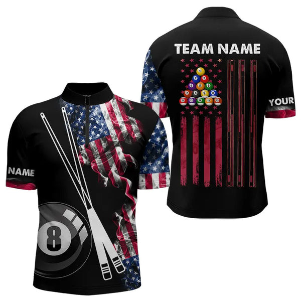 Maxcorners Personalized US Flag Smoke 8 Ball Pool Billiard Shirt For Men Custom Patriotic Billiard Team Jersey