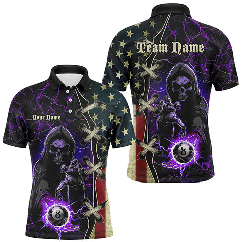 MaxCorners Billiard Purple Death Skeleton Lightning Us Flag  Customized Name, Team Name 3D Polo Shirt