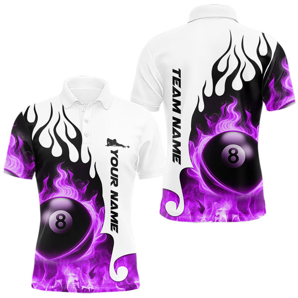 Maxcorners Personalized Purple 8 Ball Fire Flame Men's Billiard Shirt Custom Pool Team Jersey Polo & 1/4 Zip TU1011
