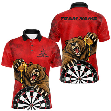 Maxcorners Red Grunge Funny Bear Darts Shirts For Men Custom Darts Team Jersey Polo & 1/4 Zip, Darts Gift LM1910