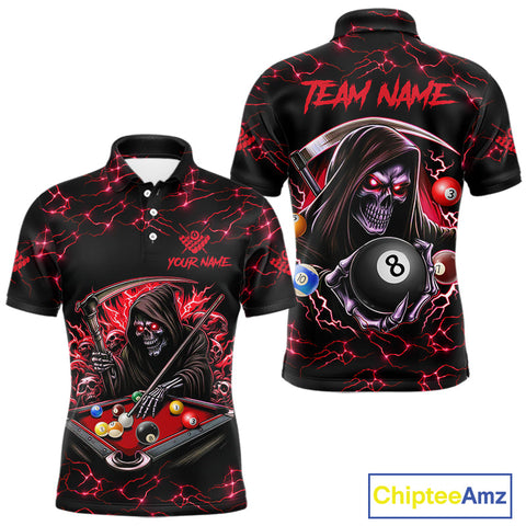 Maxcorners Red Funny Grim Reaper 8 Ball Pool Men Billiard Shirts Custom Billiard Jersey Team Polo & 1/4 Zip LM1411