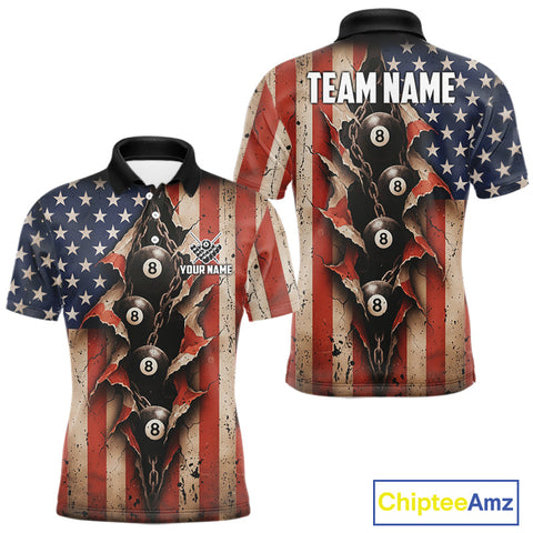 Maxcorners Vintage American Flag Chain 8 Ball Pool Billiard Shirt For Men Custom Patriotic Billiard Jerseys LM1411