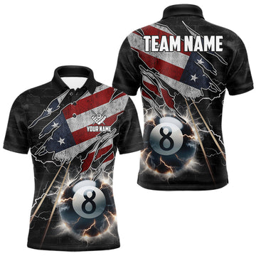 Maxcorners American Flag Lightning 8 Ball Billiard Pool Shirts For Men Custom Patriotic Billiard Team Jersey