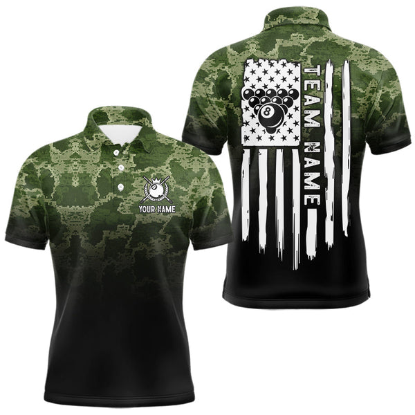 Maxcorners Black And Green Camo American Flag 8 Ball Billiard Shirt For Men Custom Patriotic Pool Team Jersey LM1610
