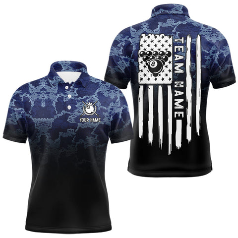 Maxcorners Black And Blue Camo American Flag 8 Ball Billiard Shirt For Men Custom Patriotic Pool Team Jersey LM1610